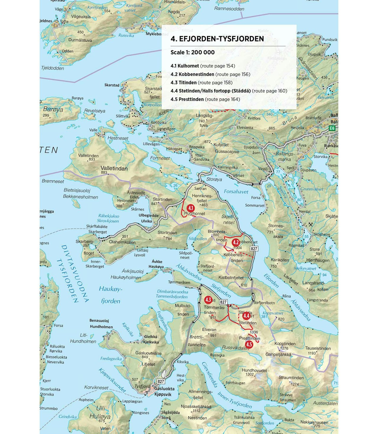 Oversiktskart over Efjorden og Tysfjorden. Fra Toppturer rundt Narvik.