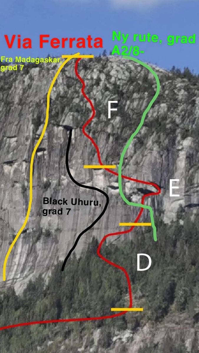 IKKE TILFELDIG: Via Lapis går midt oppi via ferrataen, like til høyre for rutene Black Uhuru og Fra Madagaskar. Foto: Tellef Storebakken Andersnatten via ferrata klatring
