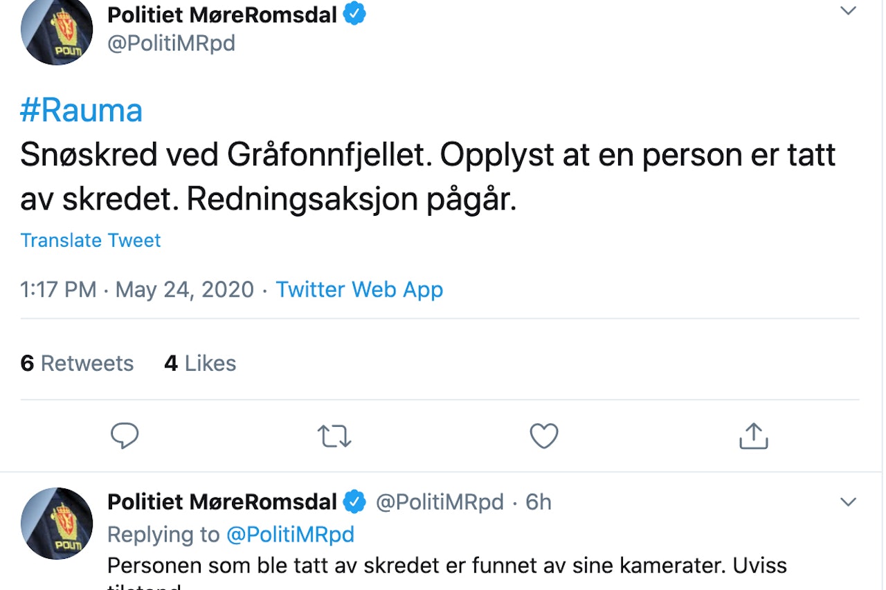 SKRED: Det var på Gråfonnfjellet at skredet gikk. Foto: Twitter Gråfonnfjellet