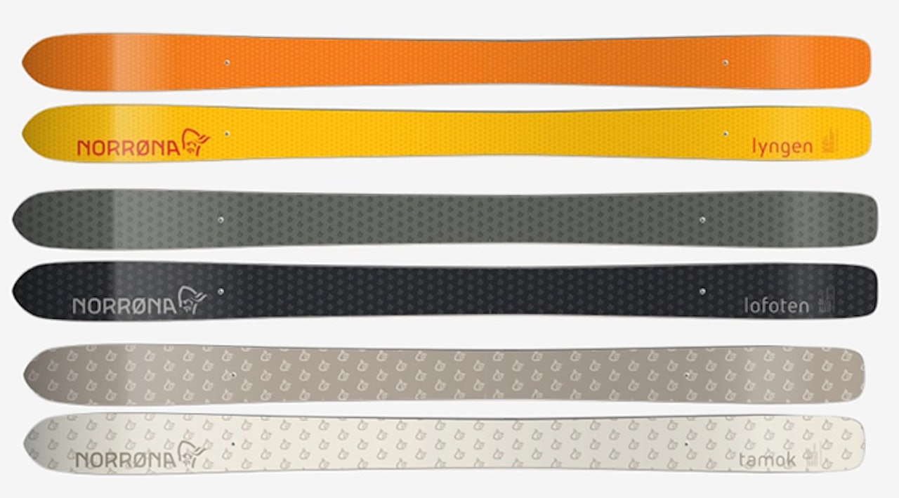NORRØNAS NYE SKIKOLLEKSJON: Øverst den relativt lette toppturskia Lyngen, altmuligskia Lofoten i midten og den brede pudderskia Tamok nederst. Norrøna ski topptur