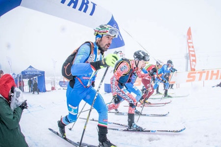 Hans-Inge Klette (midten) tok sin første verdenscupseier i randonee på lørdagens sprint i Aussois i Frankrike. Foto: Sportdimontagna