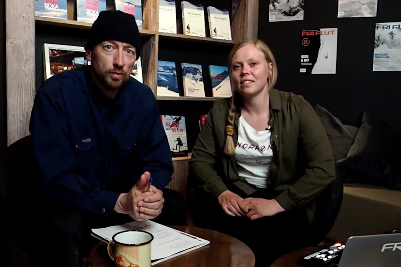 STUDIO: Henning Reinton, redaktør i Fri Flyt, og prosjektleder Lisa Kvålshaugen Bjærum er klare i studio klokken 18.00. Foto: Skjermdump Virtuell High Camp