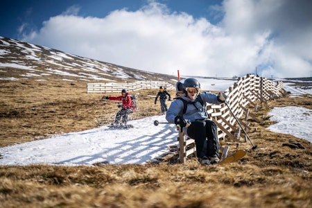 Skotsk utfor: For alle som ser med gru på at snøen fort forsvinn kan me slå fast at skiglede ikkje alltid er lik snø, i alle fall ikkje ned solsida frå skianlegget Nevis Range. Foto: Brodie Hood
