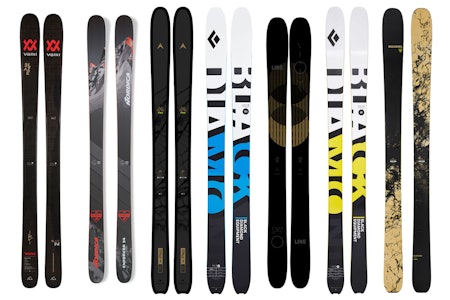TESTVINNERE I FJOR: Fra venstre: Völkl Blaze 94, Nordica Enforcer 94, Dynastar M-Pro 99, Black Diamond Helio Carbon 104, Line Vision 118, Black Diamond Helio Carbon 88 og Rossignol Black Ops Sender ti. skitest