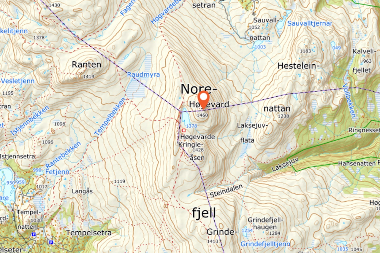 SAVNET: En mann er savnet etter skitur på Høgevarde. Foto: Norgeskart Høgevarde savnet