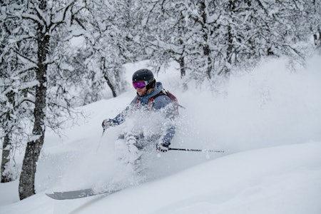 RETT STED OG TID: Karl-Kristian Muggerud i Hodlekveskogen. Bilde: Bård Gundersen Hodlekve pudder ski snowboard fri flyt skipatruljen