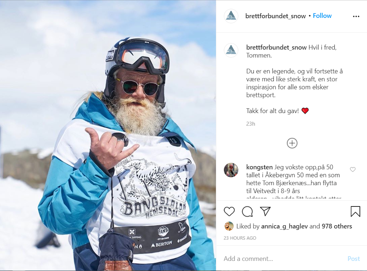 Snowboardforbundet mintes Tommen på Instagram. Foto: Skjermdump Instagram tommen snowboardforbundet