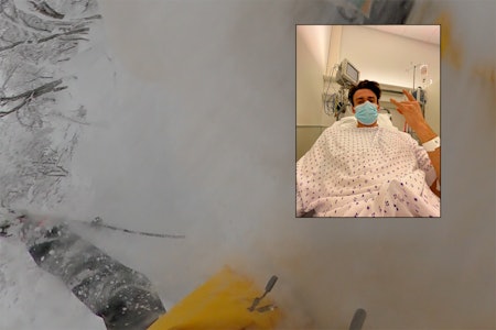 KRÆSJET: Her kræsjer Benjamin Forthun i stubben i Hemsedal. Mandag opereres han. Foto: Benjamin Forthun Benjamin Forthun skadet