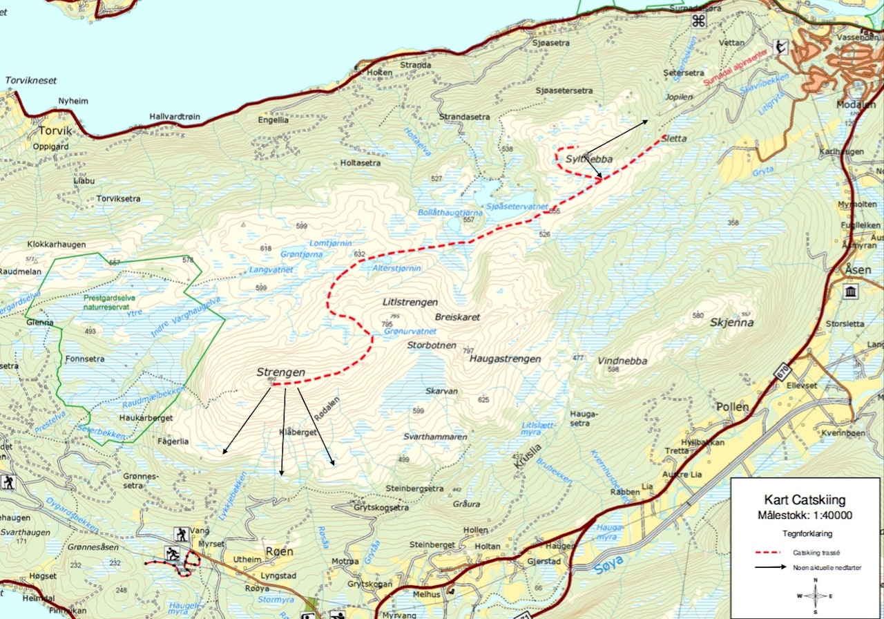 STRENGT: Vil Surnadal bli en av kommune som får bli med i forsøksordningen for catskiing i Norge? De ønsker en beltevognstrasé til Strengen. Illustrasjon hentet fra søknaden. 