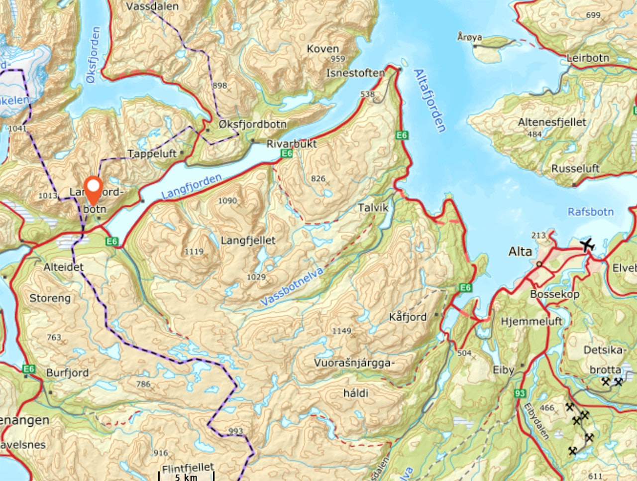 ULYKKESSTEDET: Skredet gikk i Russelvdalen ved Langfjordbotn, vest for Alta, torsdag.