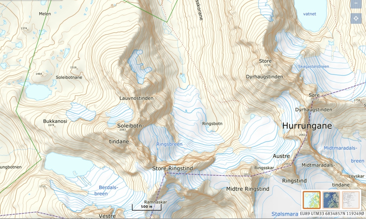 BRATTKJØRINGSSENTRUM: Området med Soleiebotntindane og Lauvnostindet er populært for bratt skikjøring. BRATTKJØRINGSSENTRUM: Området med Soleiebotntindane og Lauvnostindet er populært for bratt skikjøring.