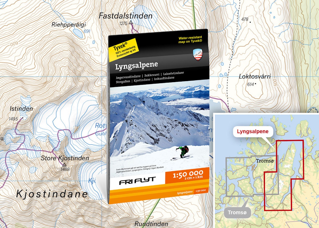 Kart for Lyngsalpene og Lyngen 1:50.000 fra Fri Flyt og Calazo. Med inntegnede ruter fra Espen Nordahl sin bok Toppturer i Troms! 
