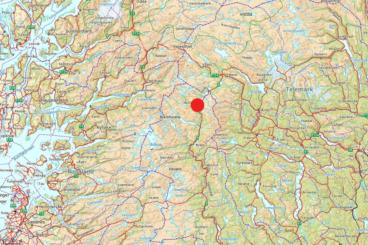 SKRED: Det har gått et skred i skisenteret på Hovden. Foto: Norgeskart