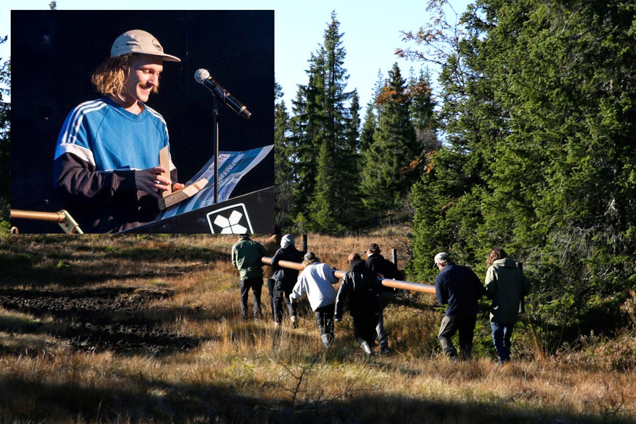 RØRBÆRING: Trønderen Stian Karlsen (innfelt) og resten av gjengen bak Golparken er i disse dager i full gang med å lage railpark i Instruktørbakken i Trondheim.