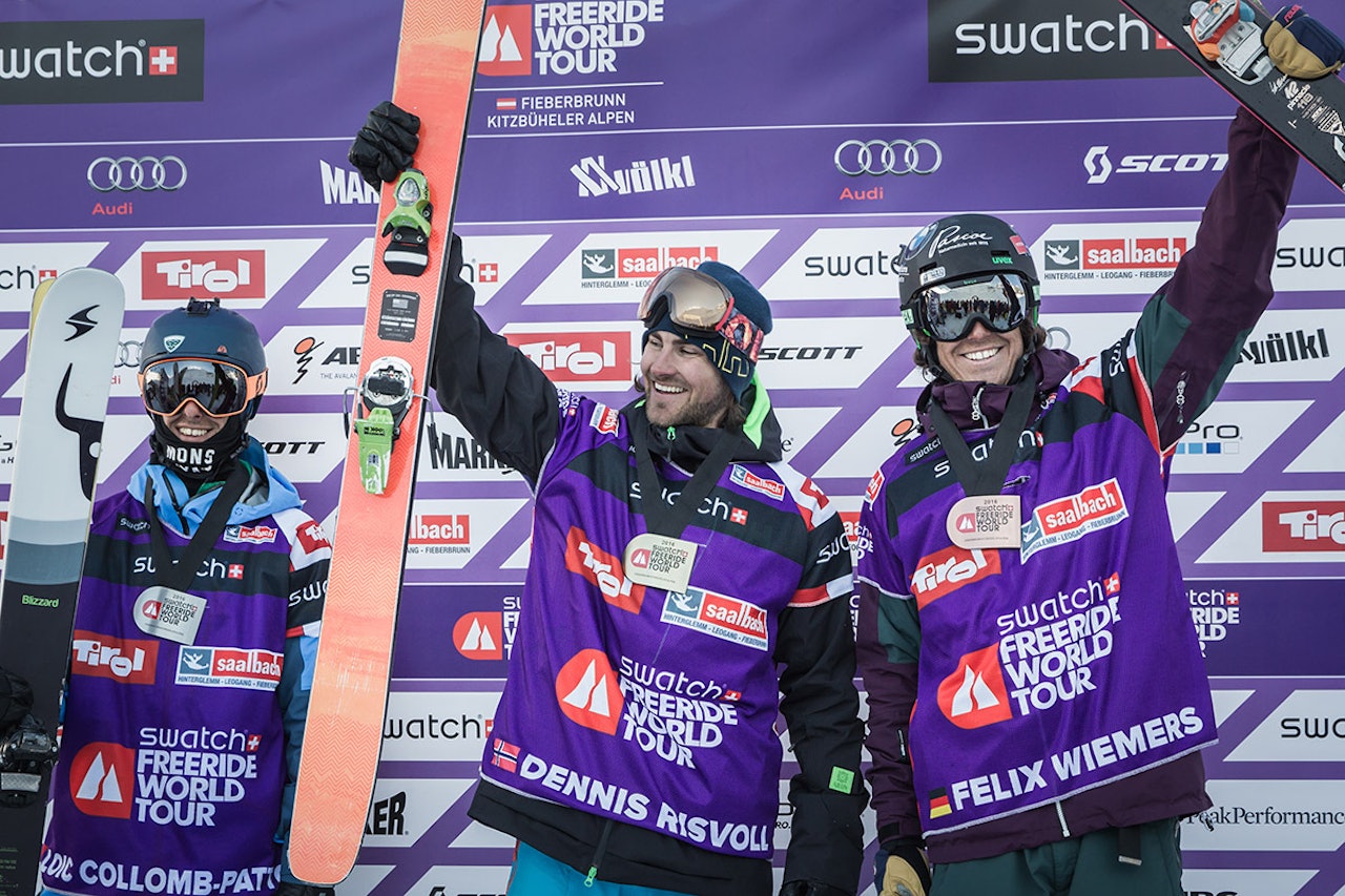 PÅ TOPPEN: Franske Löic Collomb-Patton vant FWT sammenlagt i fjor, men i Østerrike måtte se seg slått av Dennis Risvoll (i midten). Felix Wiemers ble nummer tre. Foto: Dom Daher PÅ TOPPEN: Franske Löic Collomb-Patton vant FWT sammenlagt i fjor, men i Østerrike måtte se seg slått av Dennis Risvoll (i midten). Felix Wiemers ble nummer tre. Foto: Dom Daher