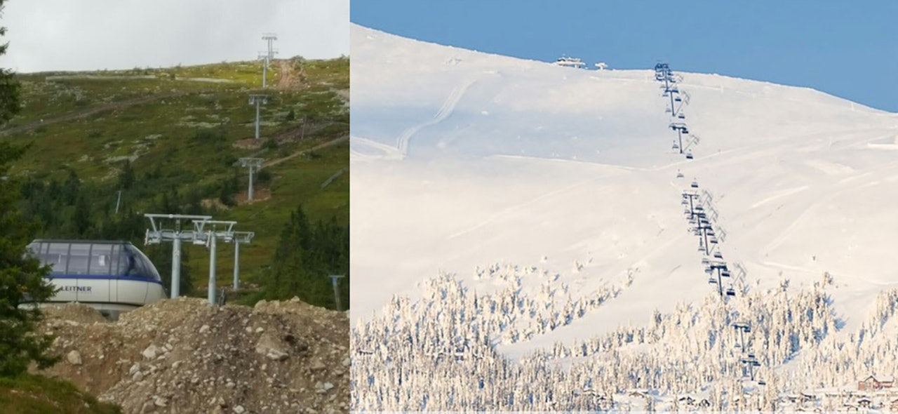NY HEIS: Bildet til venstre viser Trysils nye heis slik den ser ut i dag, og illustrasjonen til høyre viser hvordan herligheten skal se ut i vinter. Foto: jan Linstad/ Skistar