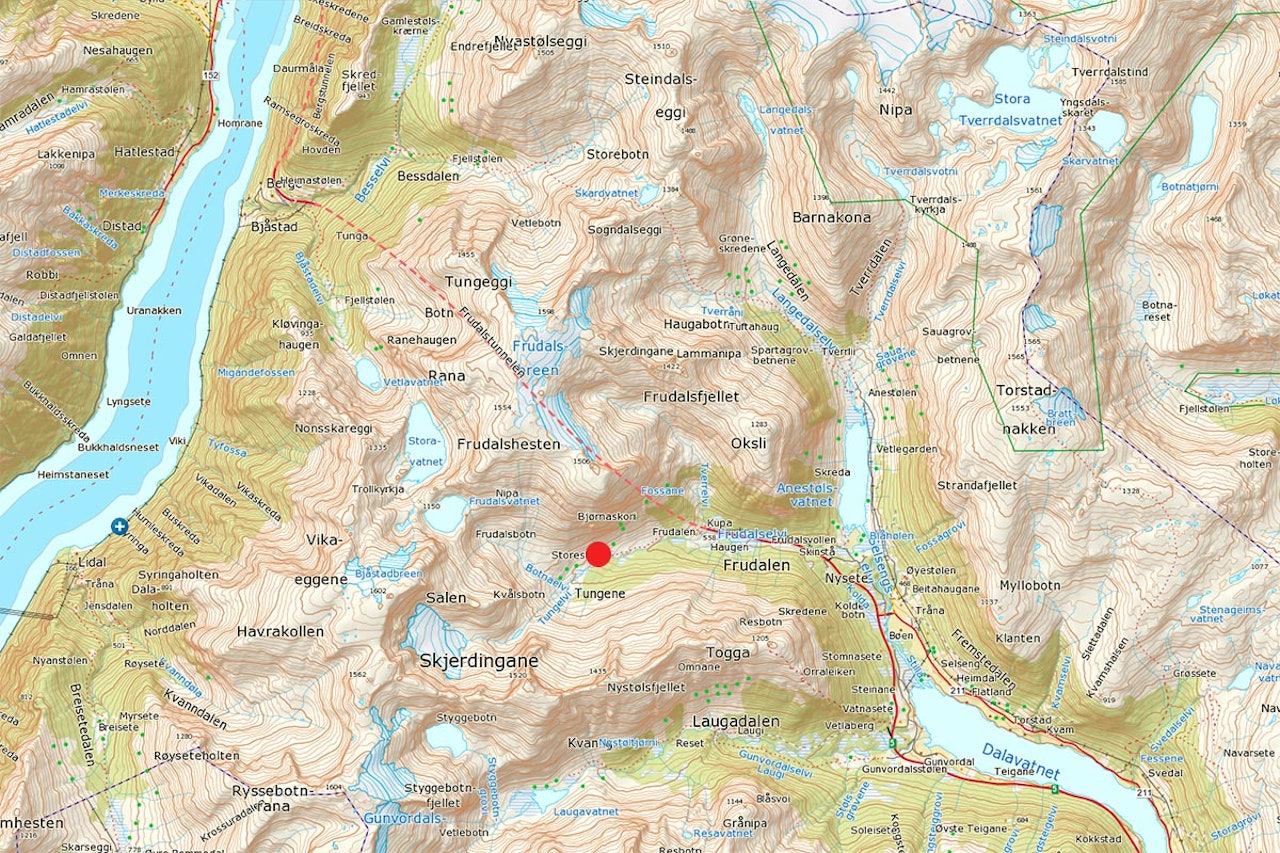 FUNNET I SKRED: Den savna 29-åringen ble funnet ved Storesteinen i Frudalen, ifølge politiet. Foto: Norgeskart FUNNET I SKRED: Den savna 29-åringen ble funnet ved Storesteinen i Frudalen, ifølge politiet. Foto: Norgeskart