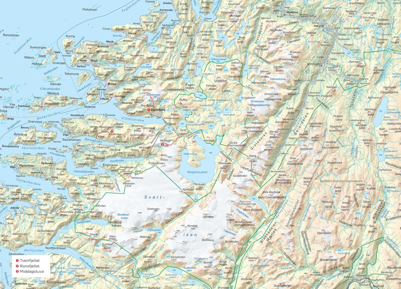 Oversiktskart over Meløy. Fra Trygge toppturer.