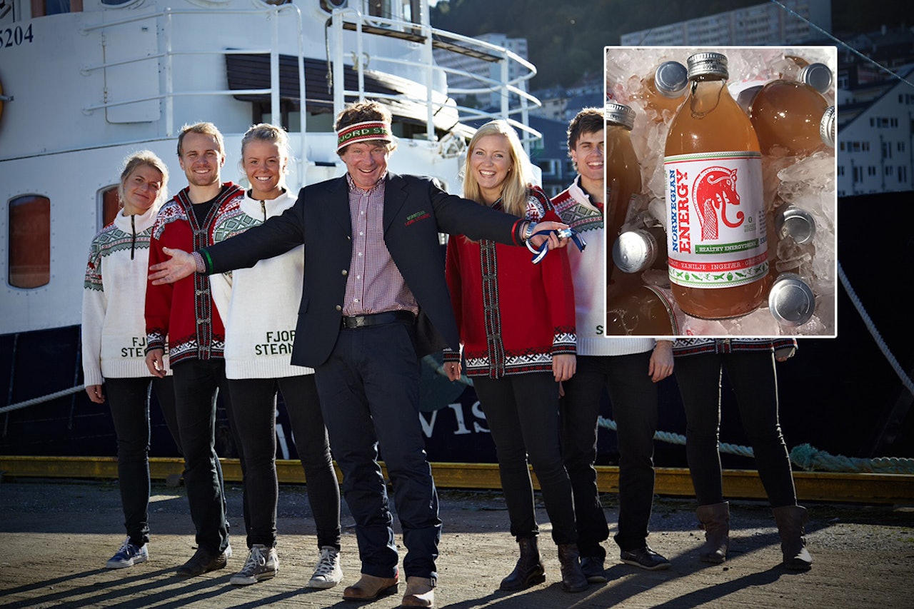 NY DRIKK: Mads Bækkelund (i midten) lanserer Norwegian Energy. Foto: Privat NY DRIKK: Mads Bækkelund (i midten) lanserer Norwegian Energy. Foto: Privat