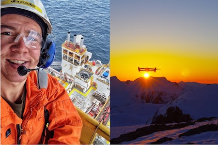 SOMMER MED MARTIN: Martin Leite Gilleshammer jobber i Barentshavet om sommeren (til venstre) og innimellom øver han seg på å fly den nye drona si (til høyre).