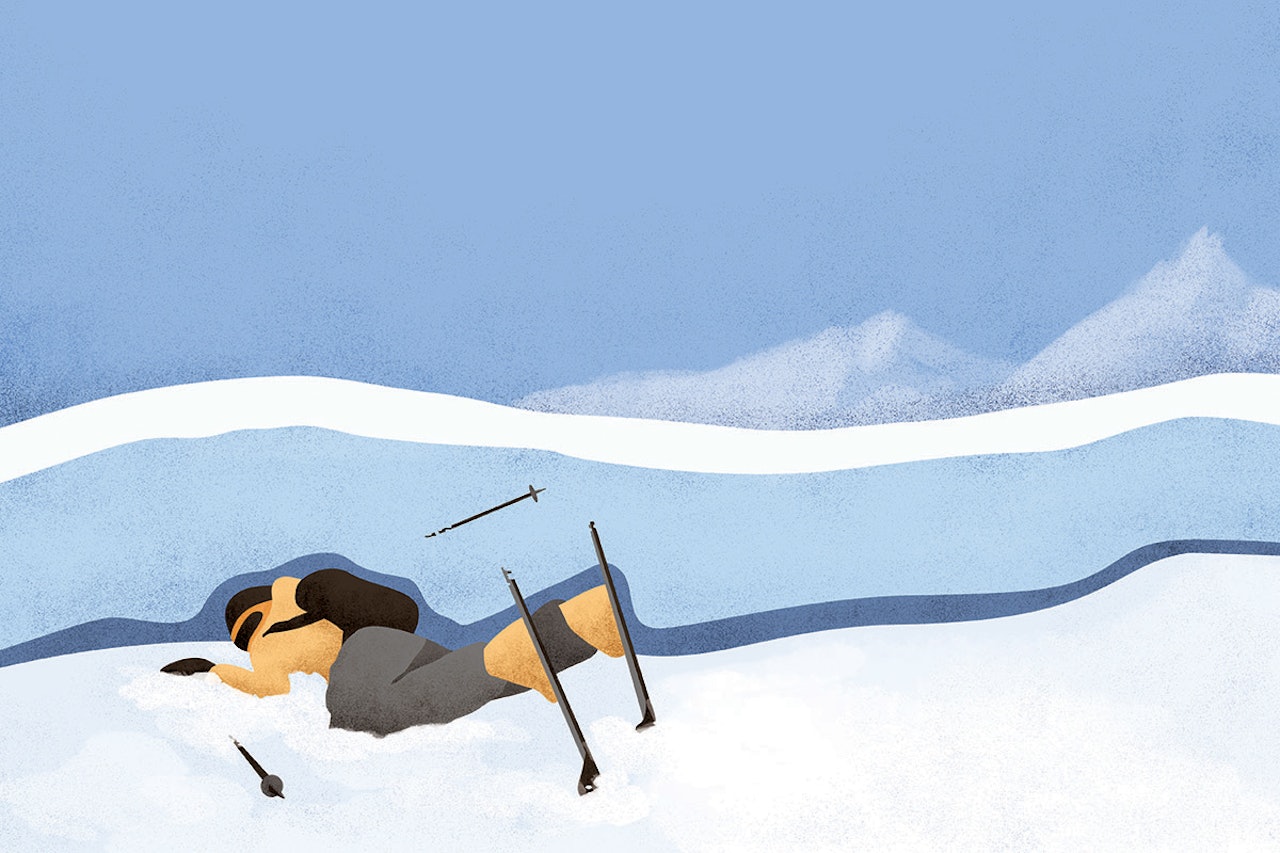 KKE SIKKERT: 40 ski- og snowboardkjørere har omkommet i snøskred i Norge siden 2002 – men det er ikke gjort nøyaktige undersøkelser av hva de faktisk døde av. Det antas at tre av fire dør av kvelning og en av fire av mekaniske skader. Men ofte er det snakk om en kombinasjon. Illustrasjon: Anne Vollaug 