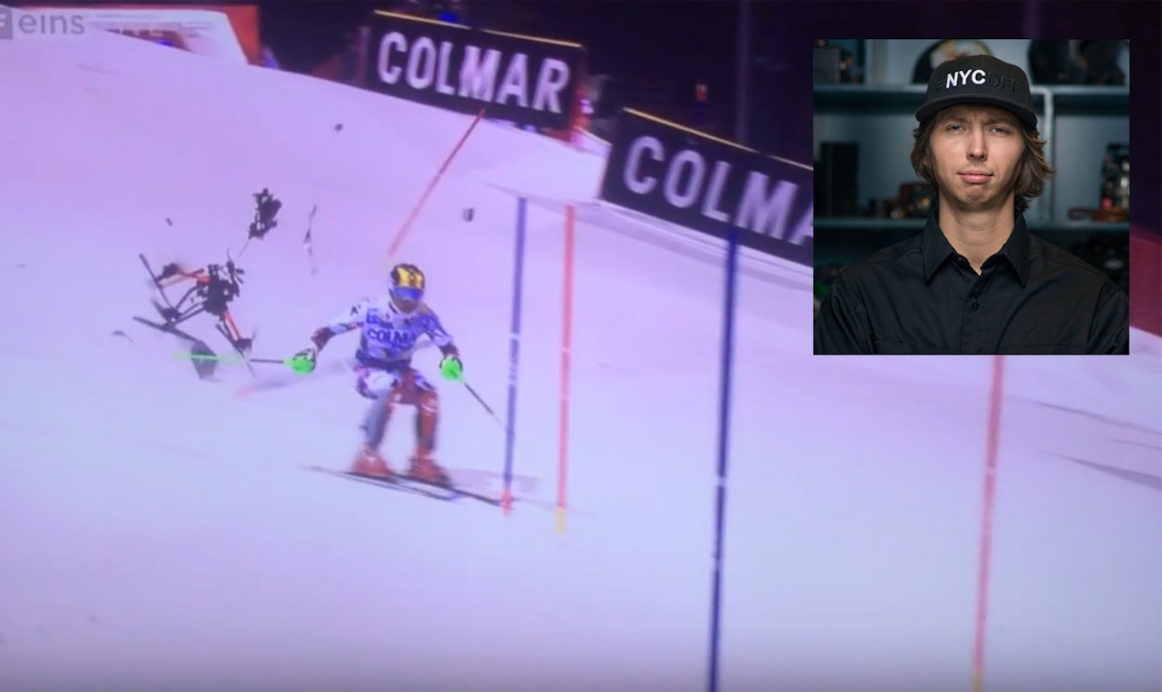 NÆRE PÅ: Marcel Hirscher var millimeter fra å få dronen som veier rundt 10 kilo i hodet under slalåmrennet i Madonna di Campiglio i Italia denne uka. Droneekspert Daniel Ashby (innfelt) mener dette kunne blitt veldig stygt. NÆRE PÅ: Marcel Hirscher var millimeter fra å få dronen som veier rundt 10 kilo i hodet under slalåmrennet i Madonna di Campiglio i Italia denne uka. Droneekspert Daniel Ashby (innfelt) mener dette kunne blitt veldig stygt.