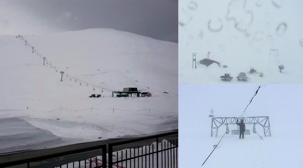 STENGT PÅ GRUNN AV NYSNØ: Sommerskisentrene på Stryn (til venstre), Galdhøpiggen (oppe til høyre) og Folgefonna er stengt på grunn av snøstorm. Men alle håper på åpning fredag.