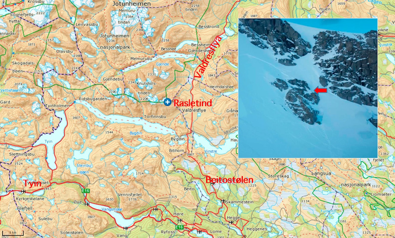 SKRED: Det var i dette området og ved denne terrengfellen skredet gikk. Foto: Google Maps / Varsom.no SKRED: Det var i dette området og ved denne terrengfellen skredet gikk. Foto: Google Maps / Varsom.no