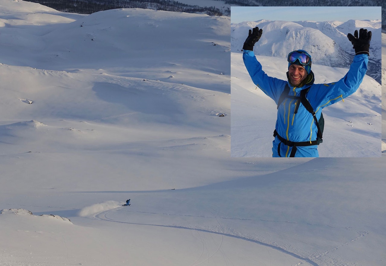 MØTER MOTSTAND: Aadne Olsrud jubler for fine forhold for snowboardkjøring i Tamok, men han jubler nok ikke for motstanden fra svensk reindriftsnæring. Foto: Privat