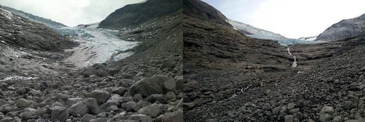MINDRE OG MINDRE: Dette bildet viser Bødalsbreen i 2011 (til venstre) og i 2014. Ingen breer i Norge har gått så mye tilbake som denne. Foto: Erling Briksdal