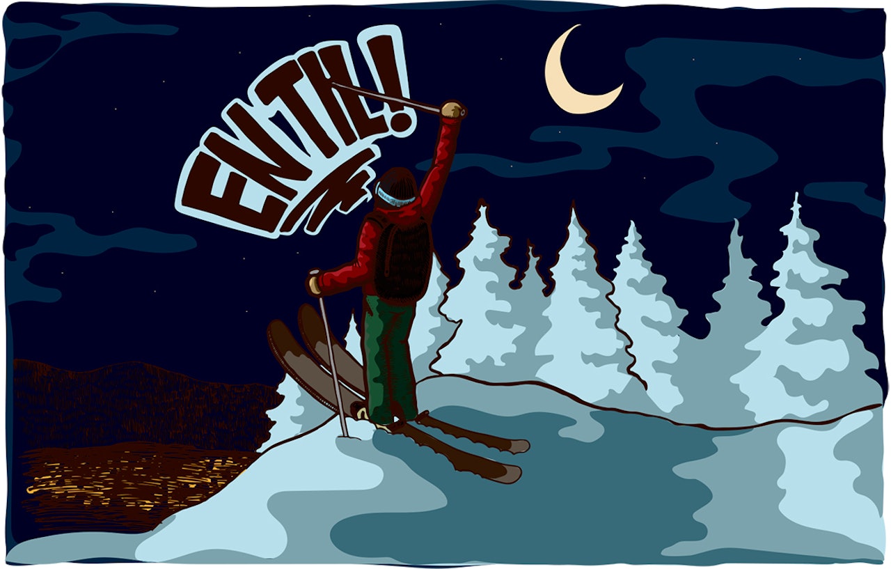 SISTE MANN UT: Glem første heis. Dette er en hyllest til den andre enden av skidagen. Illustrasjon: Danny Larsen SISTE MANN UT: Glem første heis. Dette er en hyllest til den andre enden av skidagen. Illustrasjon: Danny Larsen