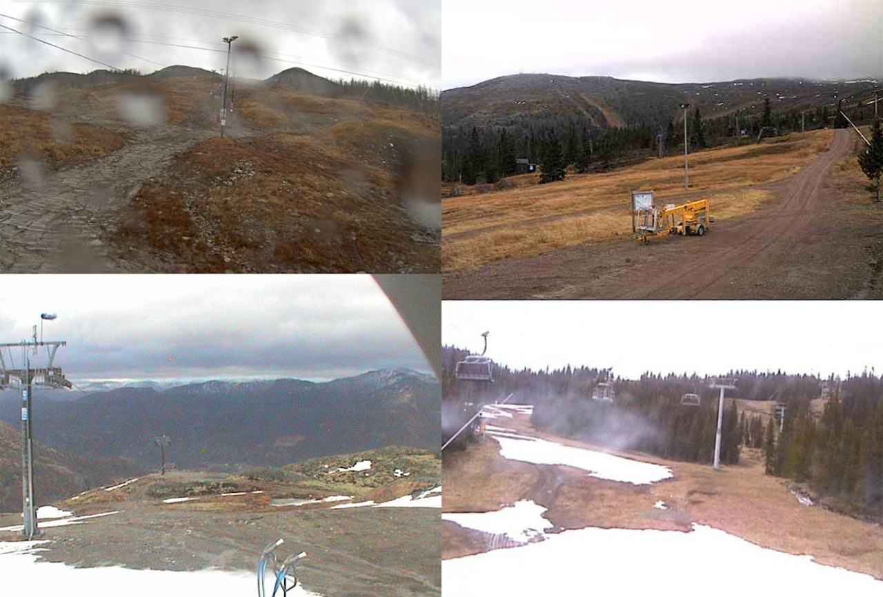 MANGLER SNØ: Webkameraene til fire av skisentrene som lovet åpning kommende helg forteller om sørgelige snøforhold. Disse bildene ble tatt i går, tirsdag, klokken 12.45. Fra øverst til venstre og med klokka: Vierli, Trysil, Kvitfjell og Hemsedal. MANGLER SNØ: Webkameraene til fire av skisentrene som lovet åpning kommende helg forteller om sørgelige snøforhold. Disse bildene ble tatt i går, tirsdag, klokken 12.45. Fra øverst til venstre og med klokka: Vierli, Trysil, Kvitfjell og Hemsedal.