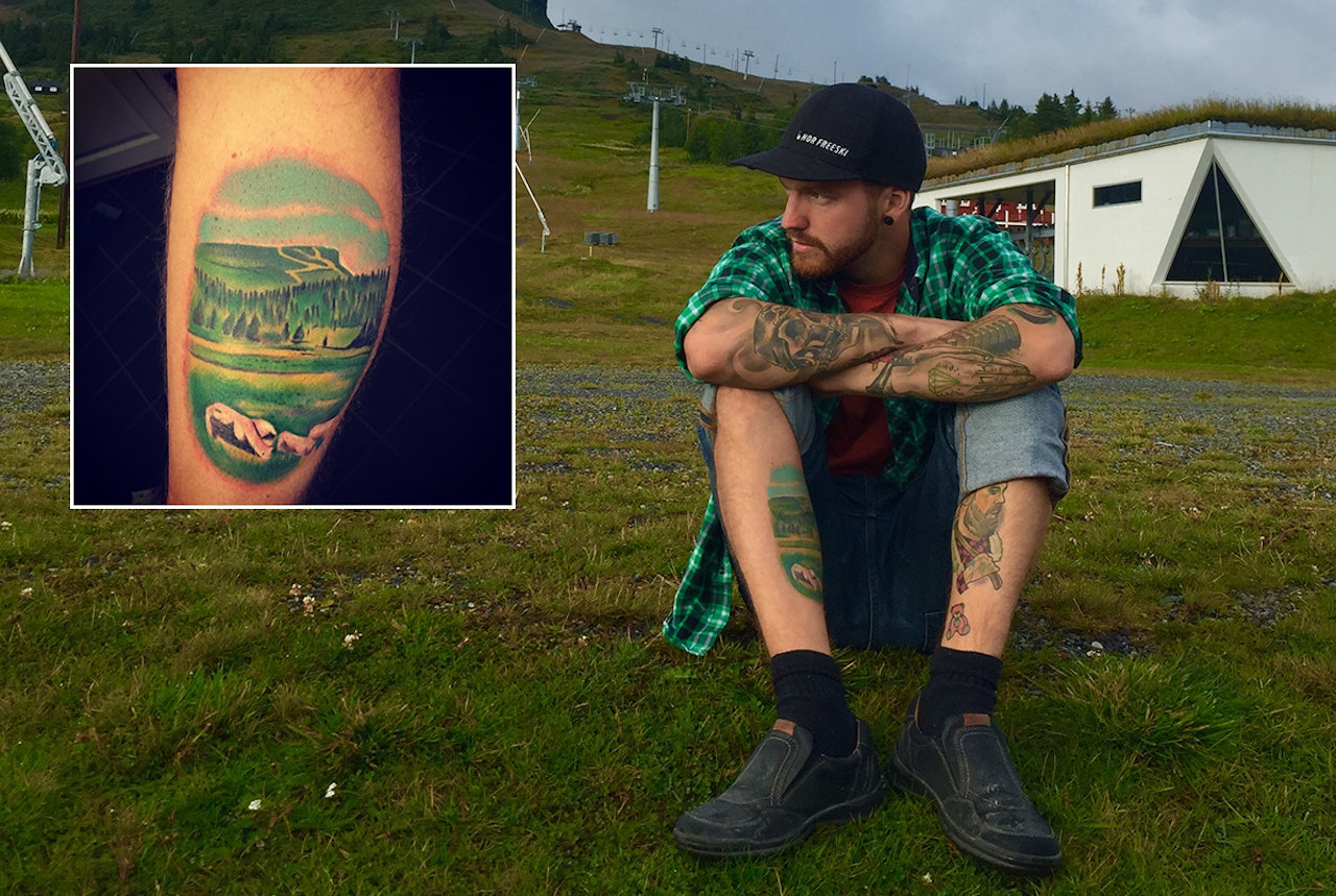 TATOVERING: Kjærligheten til Skeikampen ble så stor at Lars Taralhagen til slutt bestemte seg for å tatovere skianlegget. Foto: Hanne Evensen Skeikampen skisenter tatovering