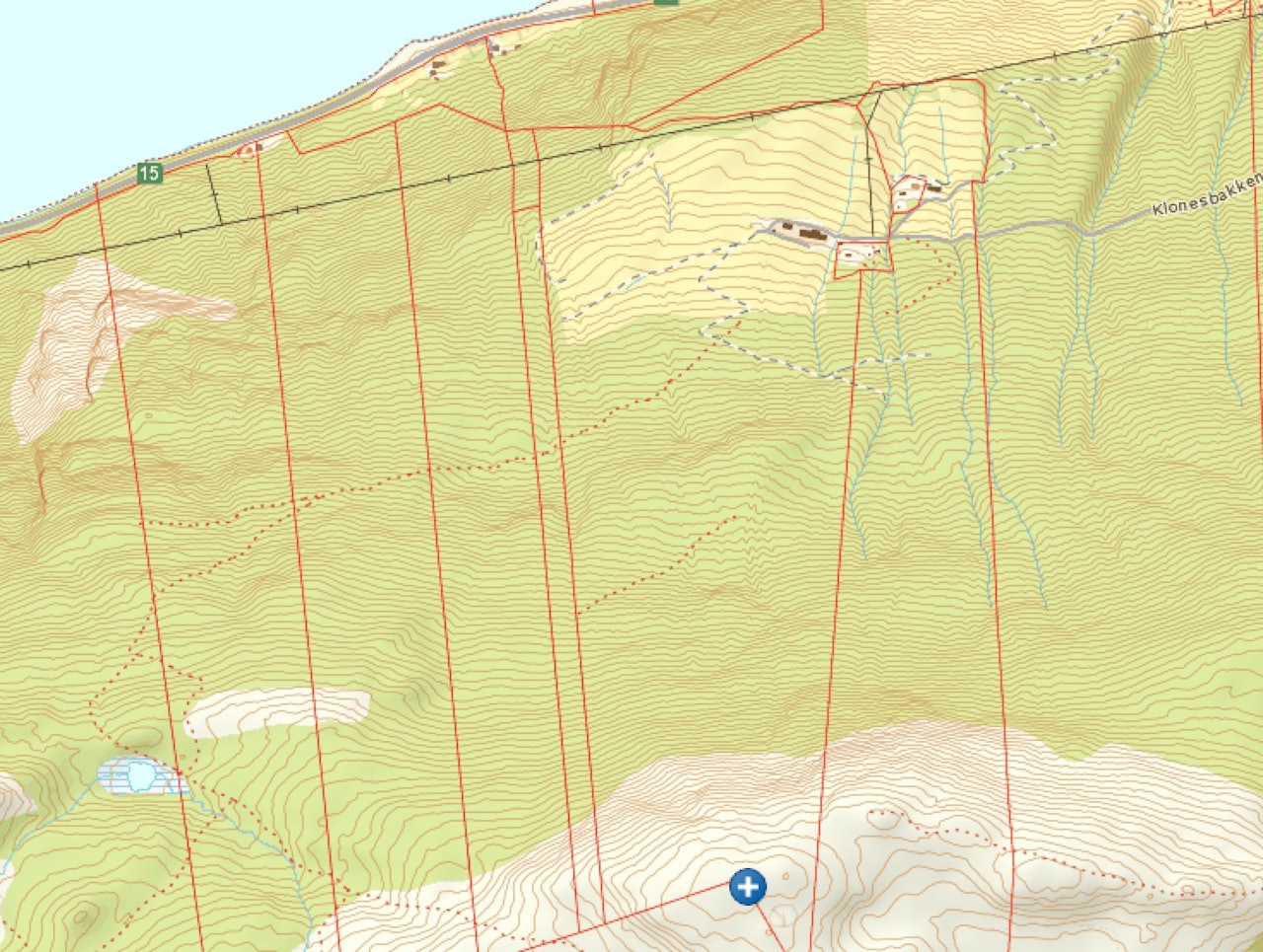BRATT: Den blå prikken i kartet markerer Kleivhøe. Lengre ned i lia ser man garden Vistekleiven, som var utgangspunktet for turen. BRATT: Den blå prikken i kartet markerer Kleivhøe. Lengre ned i lia ser man garden Vistekleiven, som var utgangspunktet for turen.