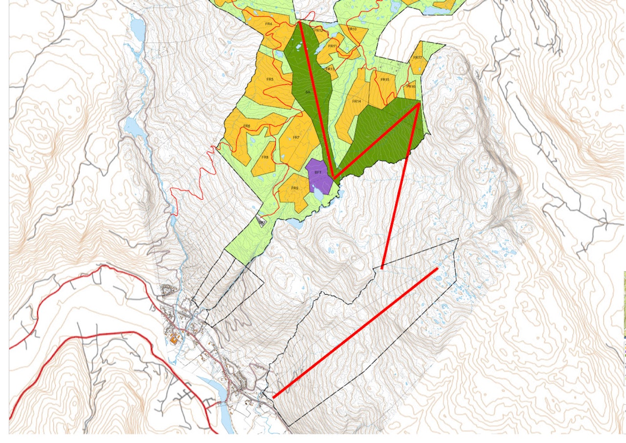 SKI-THROUGH: Blir planene en realitet, kan du stå på ski fra over 1000 m. o. h. og nesten ned til McDonalds-drive-throughen langs RV7 på Flå. De tjukke, rette røde strekene viser hvor heisene skal komme. SKI-THROUGH: Blir planene en realitet, kan du stå på ski fra over 1000 m. o. h. og nesten ned til McDonalds-drive-throughen langs RV7 på Flå. De tjukke, rette røde strekene viser hvor heisene skal komme.