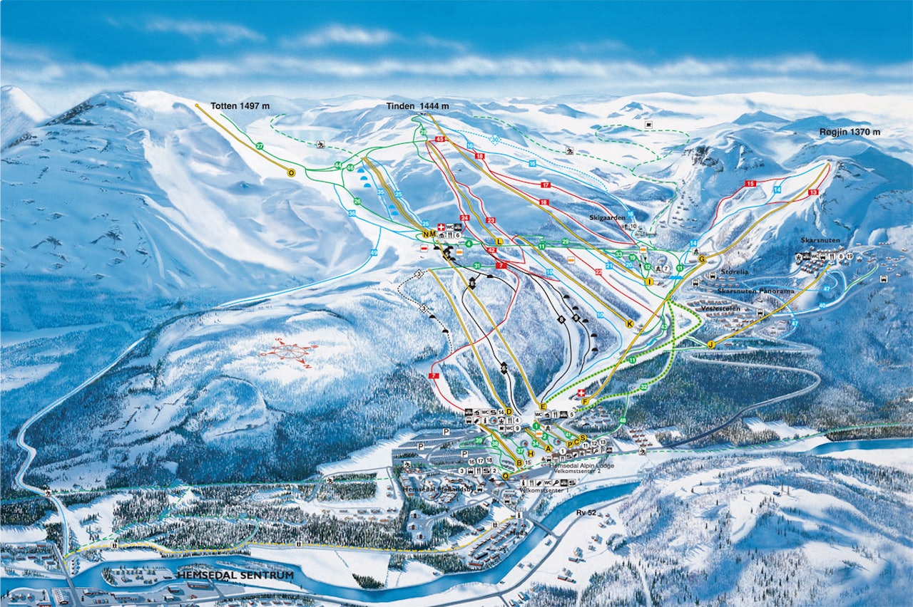 KLAR FOR SENTRUM: I vinter kan du kjøre ski fra skisenteret i Hemsedal og rett til sentrum av bygda. Sentrumsløypa (49) ser du som en blå strek til venstre i bildet.