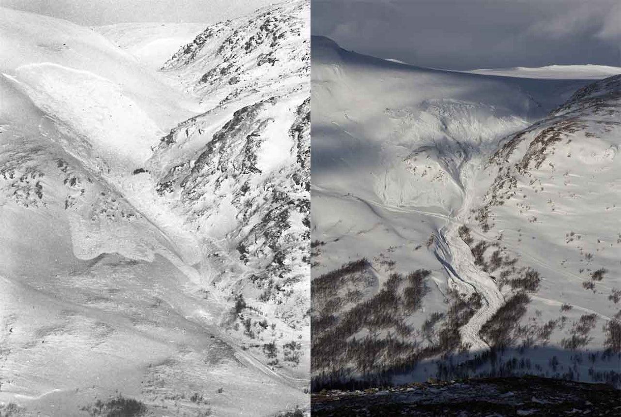1969 vs. 2015: Snøskredet i Skarbekkdalen i Oppdal denne uka var -som bildene viser- betydelig større i 2015 (til høyre) sammenlignet med skredet som tok livet av sju mennesker i 1969. Foto: Sunnmørsposten/ Tore Meirik (gjengitt med tillatelse)