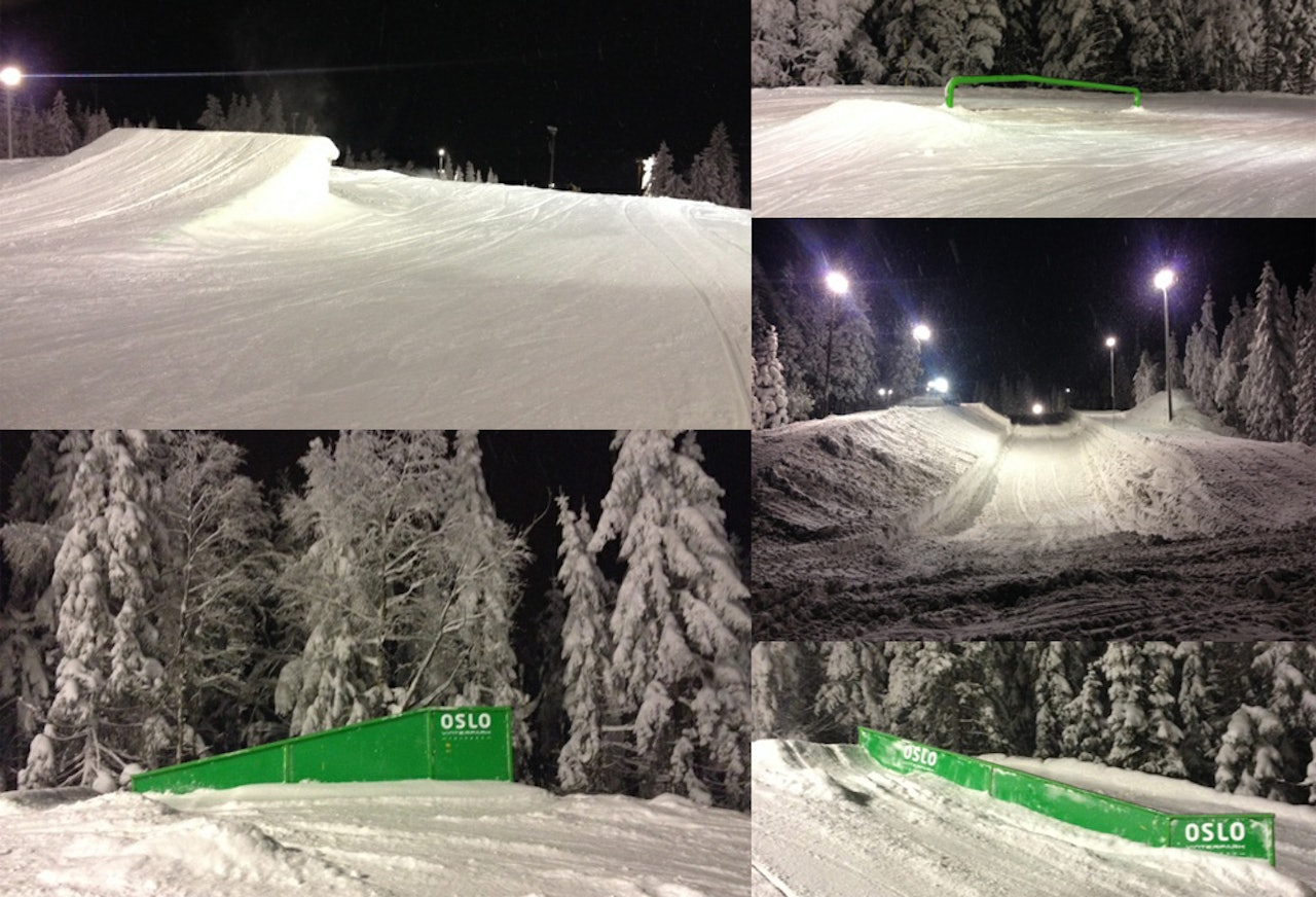 SMÅELEMENTER: Den svære slopestyleløypa og halfpipen i Wyller lar vente på seg, men det er mange mindre elementer å kose seg på i Oslo Vinterpark for tida. Disse bildene ble tatt torsdag kveld.