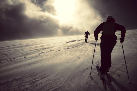 Randonee-landslaget på tur opp Fanaråkbreen i vindblåst snø