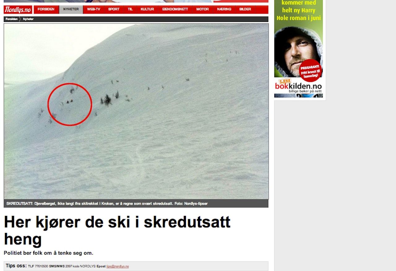 KRITISERES: Slike oppslag er blant de skientusiastene i Troms reagerer på. – Det må være lov å sette fokus på steder hvor det har gått mange skred, parerer Nordlys´ nyhetsredaktør. KRITISERES: Slike oppslag er blant de skientusiastene i Troms reagerer på. – Det må være lov å sette fokus på steder hvor det har gått mange skred, parerer Nordlys´ nyhetsredaktør.
