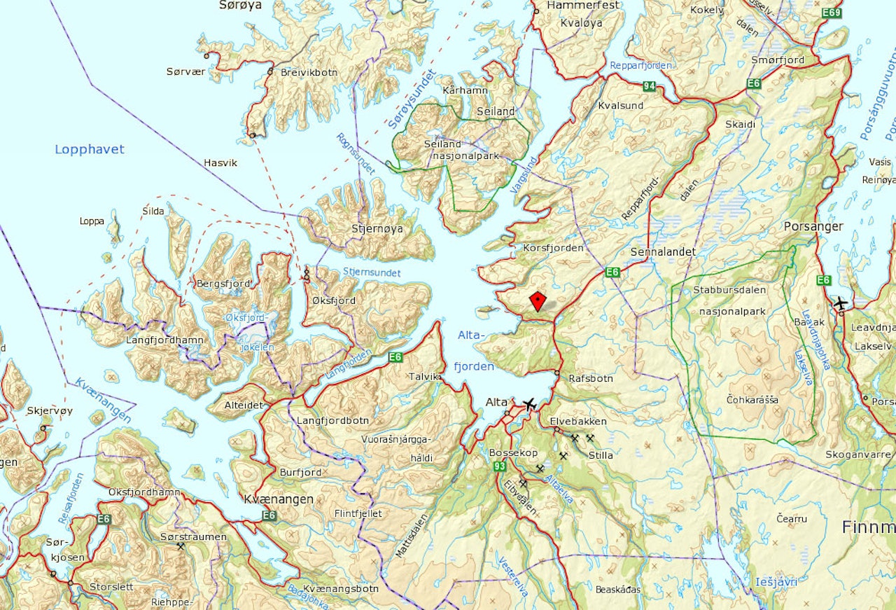 ULYKKESSTEDET: 21-åringen ble tatt  skred på Kistefjellet like nord for Alta.
