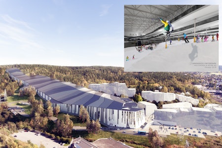 INNENDØRSARENA: Norges første innendørs skisenter åpner på Lørenskog i 2020. Her blir det både terrengpark og vanlige løyper – i tillegg til en hel del annet. Illustrasjon: Snø  