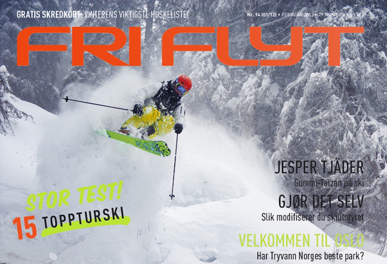 NUMMER NITTIFIRE: Åsmund Thorsen hopper ut i Alpepudder på forsida av Fri Flyt #94. Foto: Vegard Breie NUMMER NITTIFIRE: Åsmund Thorsen hopper ut i Alpepudder på forsida av Fri Flyt #94. Foto: Vegard Breie