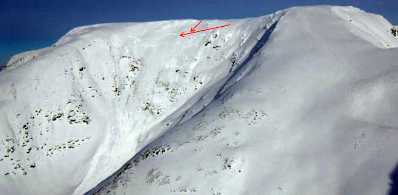 SORBMEGAISA: Dette bildet viser deler av snøskredet og pilene markerer hvor skisporene gikk inn i snøskredet. Foto: Kjetil Brattien/ NGI SORBMEGAISA: Dette bildet viser deler av snøskredet og pilene markerer hvor skisporene gikk inn i snøskredet. Foto: Kjetil Brattien/ NGI