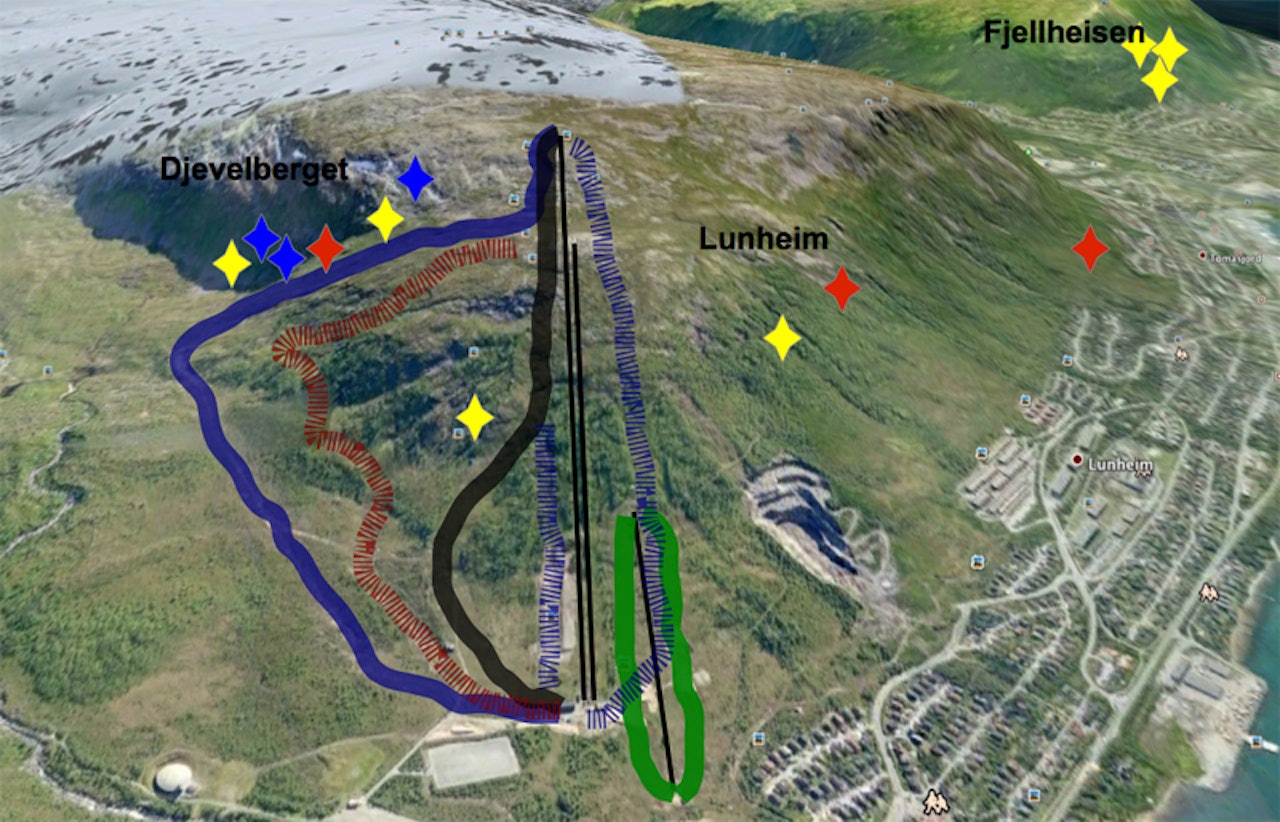 OVERSIKT: Dette er oversikten over alle skredulykkene i Tromsø skisenter. Rød stjerne betyr dødsfall, gul betyr at personer ble skadd og blå stjerne markerer snøskredsituasjoner med ingen skadde. OVERSIKT: Dette er oversikten over alle skredulykkene i Tromsø skisenter. Rød stjerne betyr dødsfall, gul betyr at personer ble skadd og blå stjerne markerer snøskredsituasjoner med ingen skadde.