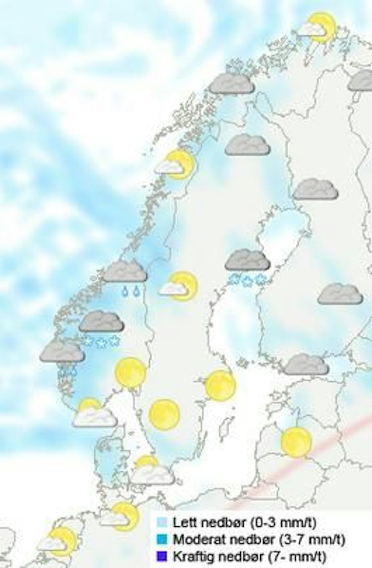 SOL OG VIND: Vestlandet får en del snø, men sør og øst blir utsatt for kraftig vind. Foto: Yr.no SOL OG VIND: Vestlandet får en del snø, men sør og øst blir utsatt for kraftig vind. Foto: Yr.no