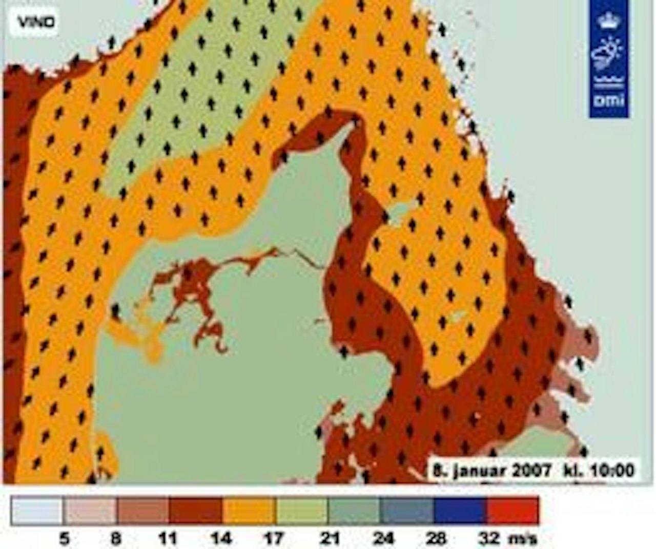 Vindkart over Østlandet og Ytre-Oslofjord for klokken 10.00 - 14-17 m/s Vindkart over Østlandet og Ytre-Oslofjord for klokken 10.00 - 14-17 m/s