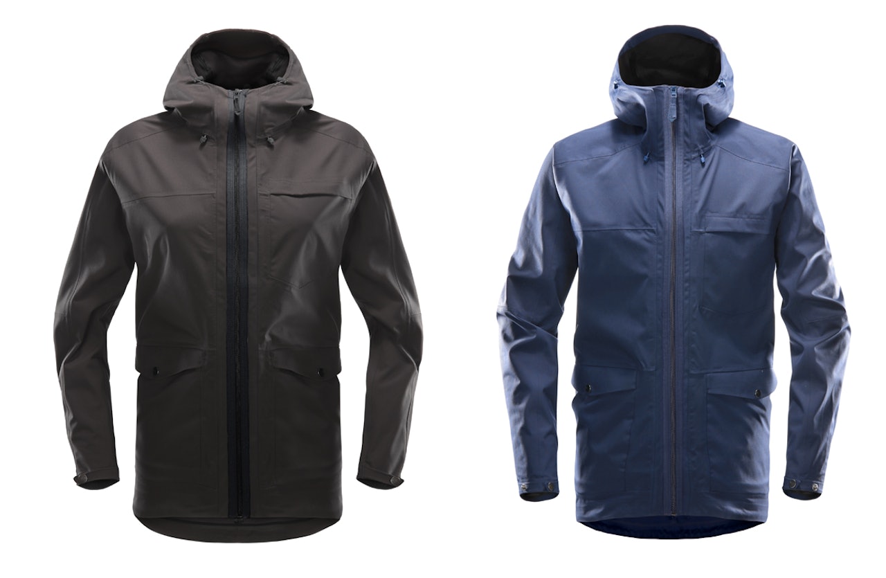 ECOPROOF: Haglöfs´ nye jakke skal være miljøvennlig med nærmest uendelig levetid, fordi den er laget i mye resirkulert materiale, og de fleste delene er utskiftbare. Daneutgaven til venstre og herreversjon til høyre.
