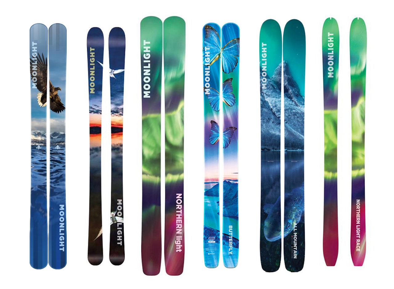 REKORDLETT: Moonlight Skis kolleksjon for neste sesong byr på noen av de letteste skikonstruksjonene noensinne. Fra venstre: Eagle, Terne, Northern Light, Butterfly, All Mountain og Northern Light Race.