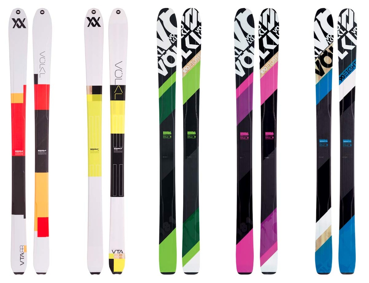 NESTE VINTERS VÖLKL: Fra venstre: Lettvekterne VTA 88 Lite og VTA 88, og de noe tyngre og mer kjøreorienterte 100 Eight, 100 Eight Pink og 90 Eight. NESTE VINTERS VÖLKL: Fra venstre: Lettvekterne VTA 88 Lite og VTA 88, og de noe tyngre og mer kjøreorienterte 100 Eight, 100 Eight Pink og 90 Eight.